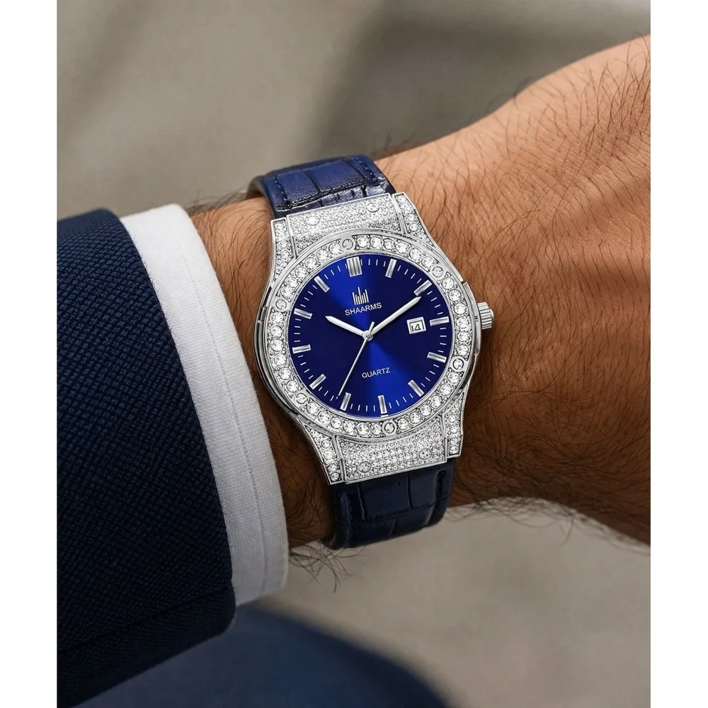 Shaarms Mens Quartz Watch Blue Dial Crystal‎ Bezel Leather Strap Date New
